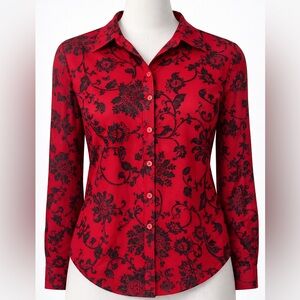 Red Floral Button-Up Blouse Chico’s Size 8